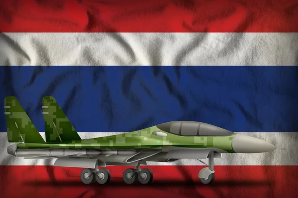 fighter, interceptor with pixel forest camouflage on the Thailand flag background. 3d Illustration