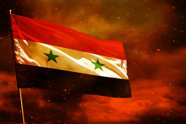 Fluttering Syrian Arab Republic flag on crimson red sky with smoke pillars background. Syrian Arab Republic problems concept.