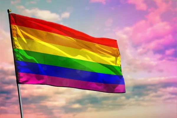 Gay Pride Bayrak Renkli Bulutlu Gökyüzü Arka Planda Çırpınan Gay — Stok fotoğraf