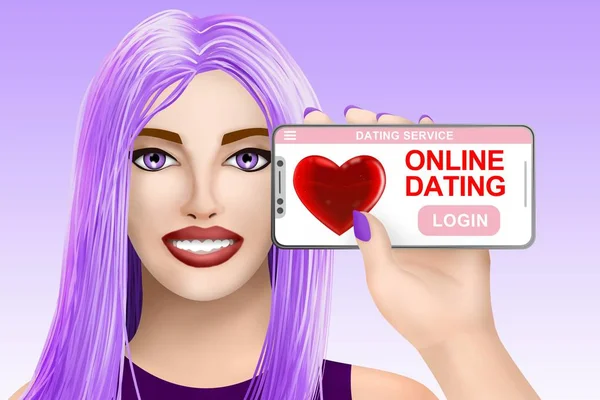 Begreppet Onlinedejting Matchmaking Leende Ganska Dragna Flicka Färgstarka Bakgrund Digital — Stockfoto