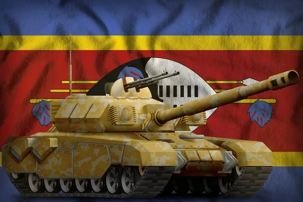 Tanque Pesado Con Camuflaje Del Desierto Fondo Bandera Suazilandia Ilustración — Foto de Stock