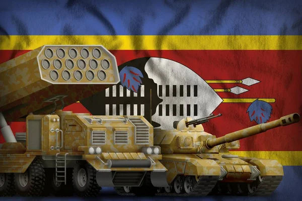 Tanque Lançador Mísseis Com Camuflagem Amarela Fundo Bandeira Suazilândia Suazilândia — Fotografia de Stock