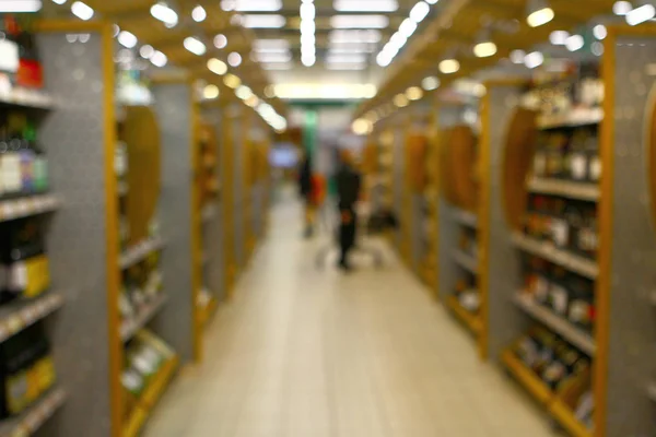 Centro Comercial Bokeh Departamento Álcool Desfocado Fundo Interior Super Mercado — Fotografia de Stock