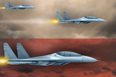 Polonya Hava saldırısı kavramı. Modern savaş uçakları saldırı Polonya bayrağı arka plan. 3D çizim