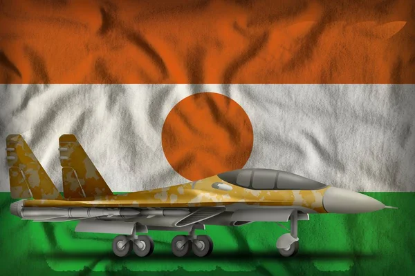 fighter, interceptor with desert camouflage on the Niger flag background. 3d Illustration