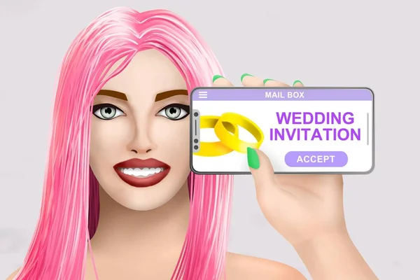 Concept Convite Casamento Ficou Online Sorrindo Menina Muito Desenhada Fundo — Fotografia de Stock