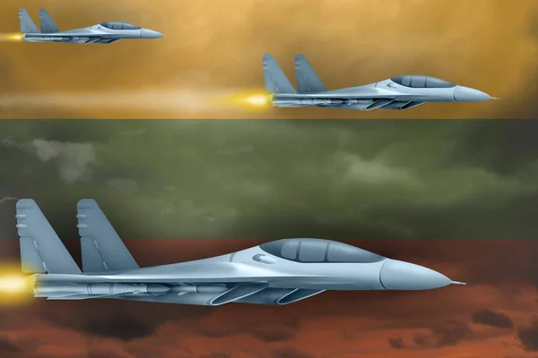 Litvanya Hava Saldırısı Kavramı Modern Savaş Uçakları Saldırı Litvanya Bayrağı — Stok fotoğraf