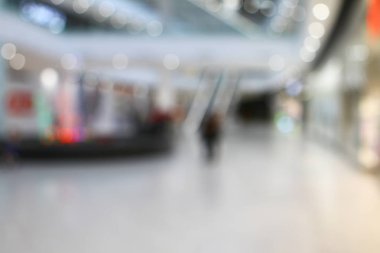 Bokeh alışveriş merkezi açık mavi renkli defocused. Bulanık süper market iç.