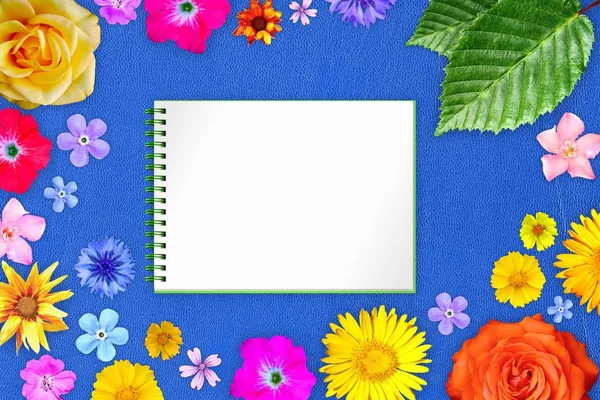 Krásný Květinový Rámeček Copybook Centru Pozadí Modrá Jemná Kůže — Stock fotografie