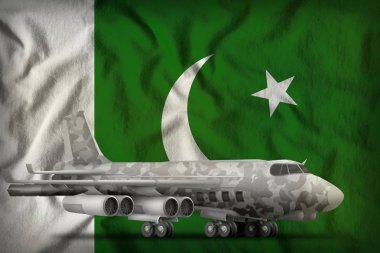 Pakistan bayrağı arka üzerinde şehir kamuflaj ile bombardıman uçağı. 3D çizim