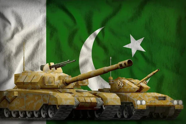 tanks with orange camouflage on the Pakistan flag background. Pakistan tank forces concept. 3d Illustration
