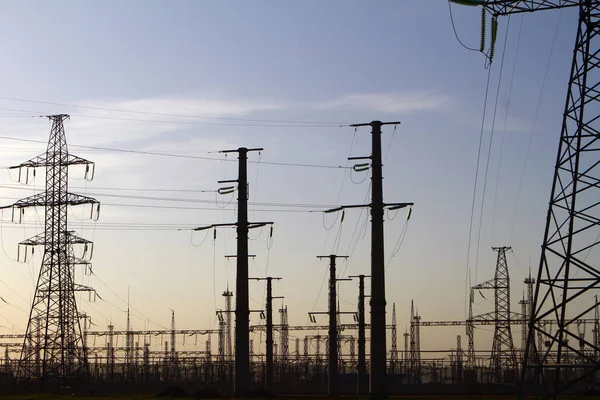 High Voltage Towers Substation Sky Background Modern Industrial Image — Stock Photo, Image