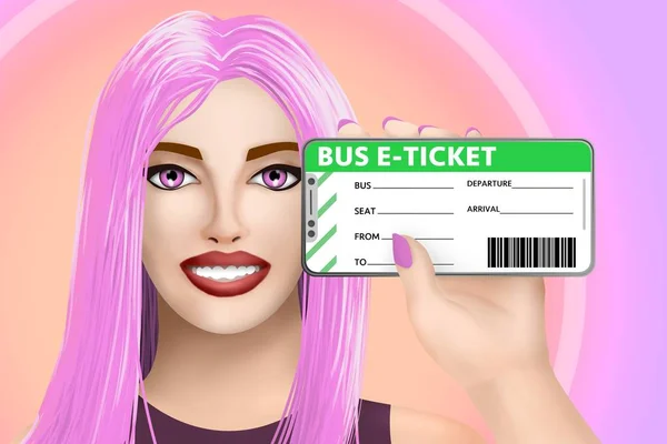 Concept bus e-ticket (electronic ticket). Smiling nice drawn girl on colored background. Digital illustration
