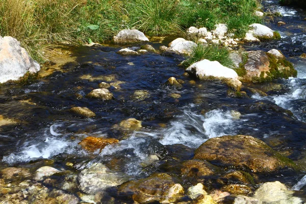 Természet Tavaszi Víz Hegyi Folyó Nagyon Köves Patak Észak Kaukázusban — Stock Fotó