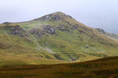güzel dağ yamacı doğal peyzaj fotoğraf parlak mavi gökyüzü arka plan üzerinde yeşil çayır ile
