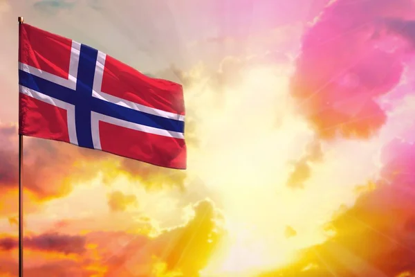 Fluttering Norway flag in left top corner mockup with the place for your information on beautiful colorful sunset or sunrise background.