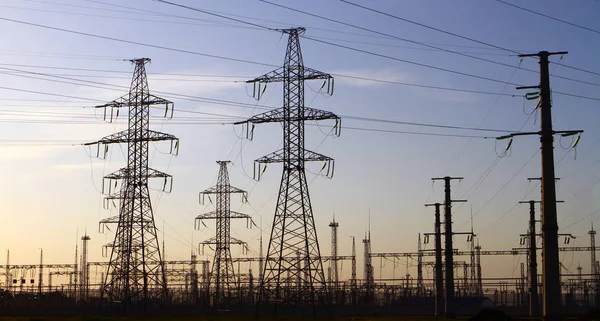 High Voltage Towers Substation Sky Background Industrial Image — Stock Photo, Image