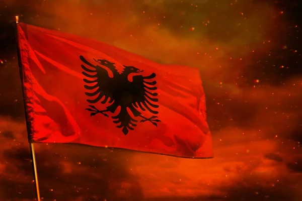 Vlající Vlajka Albánie Karmínově Rudá Obloha Pozadím Sloupů Kouře Albánie — Stock fotografie
