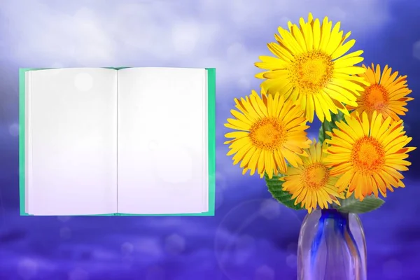 Beautiful live daisy or chamomile bouquet bouquet in glass vase on sunny day with notepad with place for your text on colored sky with clouds background.