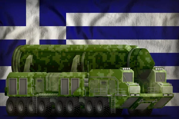intercontinental ballistic missile with green pixel camouflage on the Greece flag background. 3d Illustration