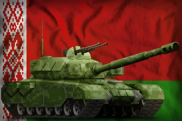 heavy tank with pixel forest camouflage on the Belarus flag background. 3d Illustration