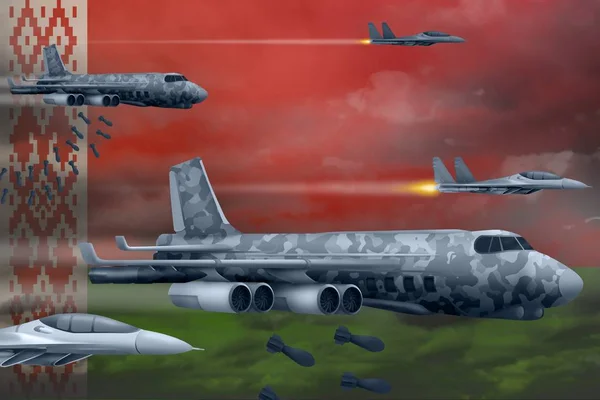 Belarus bomb air strike concept. Modern Belarus war airplanes bombing on flag background. 3d Illustration