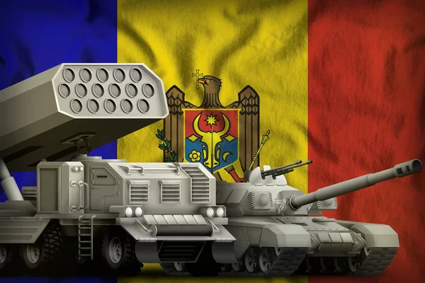 Panzer Und Raketenwerfer Auf Dem Hintergrund Der Moldawischen Flagge Moldawien — Stockfoto