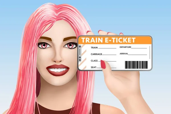 Concept train e-ticket (electronic ticket). Smiling pretty drawn girl on colored background. Digital illustration