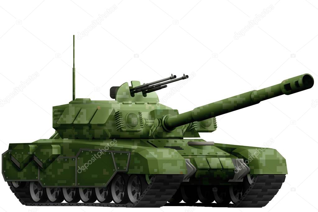 heavy tank with pixel forest camouflage isolated object on white background. 3d illustration