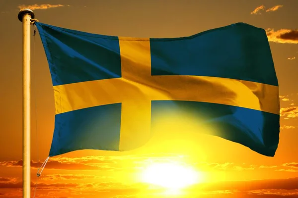 Flaga Szwecji Tkania Piękny Pomarańczowy Tło Zachód Słońca — Zdjęcie stockowe