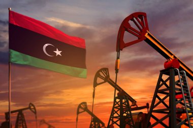 Libya petrol sanayi kavramı, endüstriyel illüstrasyon. Libya bayrağı ve petrol kuyuları ve kırmızı ve mavi gündoğumu veya günbatımı gökyüzü - 3d resimde arka plan