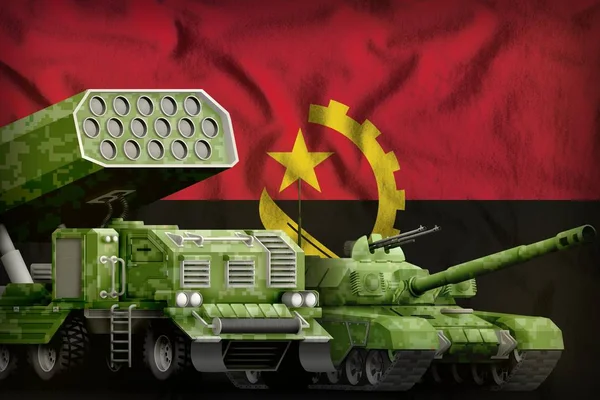 tank and rocket artillery with summer pixel camouflage on the Angola flag background. Angola heavy military armored vehicles concept. 3d Illustration