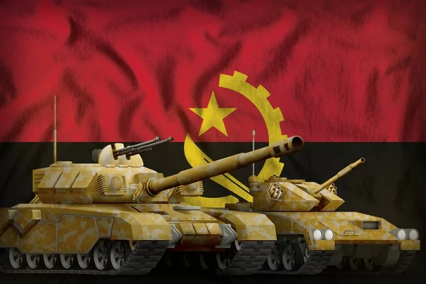 Carri Armati Con Camuffamento Arancione Sullo Sfondo Bandiera Angola Angola — Foto Stock