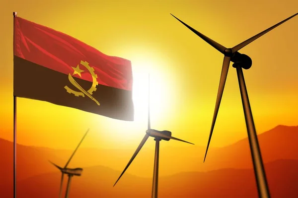 Angola Wind Energy Alternative Energy Environment Concept Turbines Flag Sunset — Stock Photo, Image