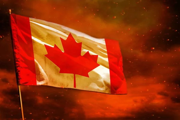 Fluttering Canada Flag Crimson Red Sky Smoke Pillars Background Canada — Stock Photo, Image