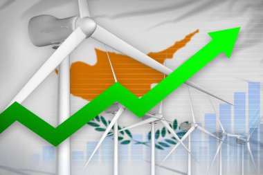 Kıbrıs Rüzgar enerji güç yükseliyor grafik yukarı - Yeşil Enerji sanayi illüstrasyon ok. 3D çizim