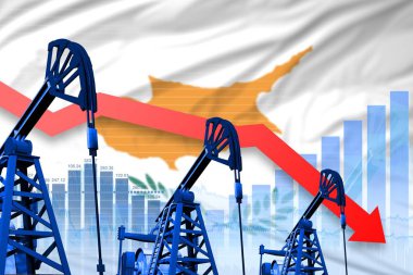 Kıbrıs petrol sanayi kavramı, endüstriyel illüstrasyon - düşürücü, düşen grafik Kıbrıs bayrağı arka üzerinde. 3D çizim
