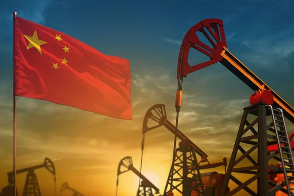 China Indústria Petrolífera Conceito Ilustração Industrial Fluttering China Bandeira Poços — Fotografia de Stock