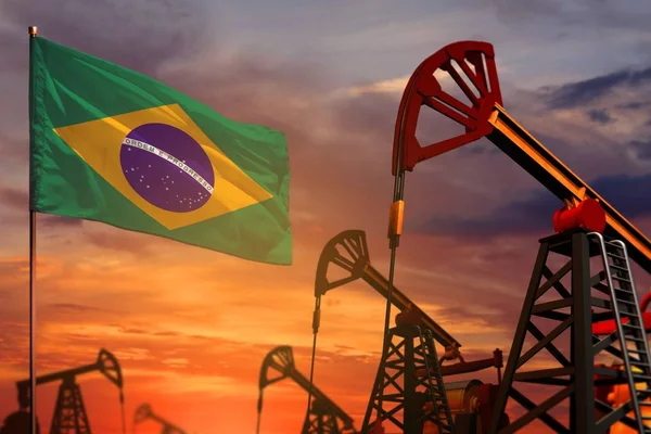 巴西石油工业概念 工业插图 巴西旗子和油井和红色和蓝色日落或日出天空背景 — 图库照片