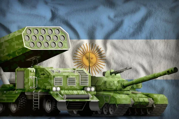 tank and rocket launcher with summer pixel camouflage on the Argentina flag background. Argentina heavy military armored vehicles concept. 3d Illustration