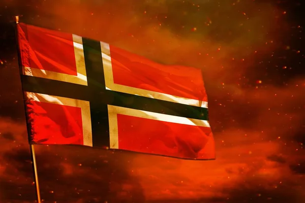 Fladdrande Norge Flagga Crimson Röd Himmel Med Smoke Pelare Bakgrund — Stockfoto