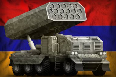 roket topçu, füze fırlatma ile Ermenistan bayrağı arka planda gri kamuflaj. 3D çizim