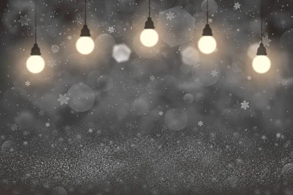 Mooie Glanzende Abstracte Achtergrond Glitterlichten Met Gloeilampen Vallende Sneeuwvlokken Vliegen — Stockfoto