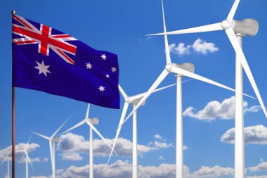 Avustralya alternatif enerji, Rüzgar Enerji sanayi kavramı yel değirmenleri ve bayrak - alternatif Yenilenebilir Enerji sanayi illüstrasyon, 3d çizim ile