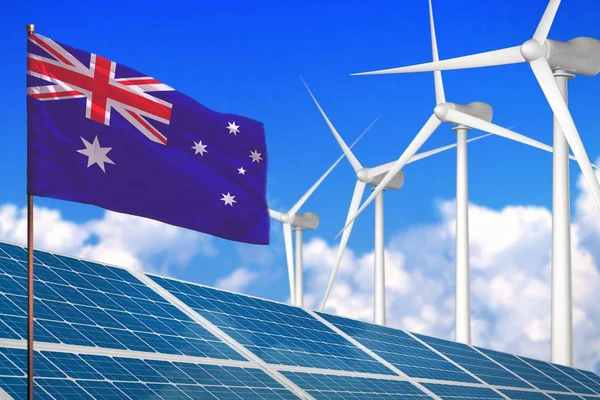 Australia solar and wind energy, renewable energy concept with windmills - renewable energy against global warming - industrial illustration, 3D illustration