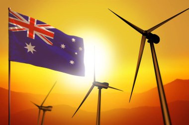 Australia Rüzgar enerji, alternatif enerji çevre kavramı türbinleri ve günbatımı - alternatif yenilenebilir enerji - endüstriyel illüstrasyon, 3d çizim bayrağı ile