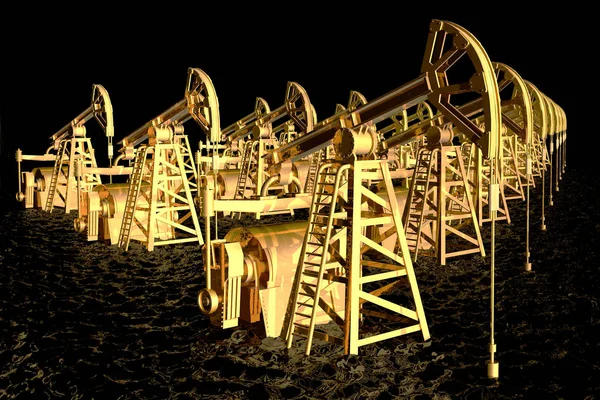 Oil - the Black Gold concept 3D rendering, gold oil wells in the sea of black oil - industrial illustration