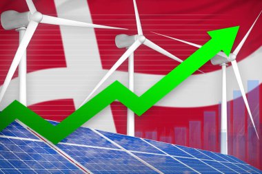 Danimarka güneş ve rüzgar enerjisi yükselen grafik, yukarı - Yeşil Enerji sanayi illüstrasyon ok. 3D çizim