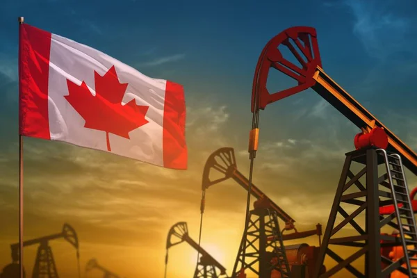 Canadá Industria Petrolera Concepto Ilustración Industrial Bandera Canadá Ondeando Pozos — Foto de Stock