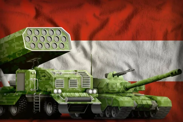 tank and missile launcher with summer pixel camouflage on the Austria flag background. Austria heavy military armored vehicles concept. 3d Illustration